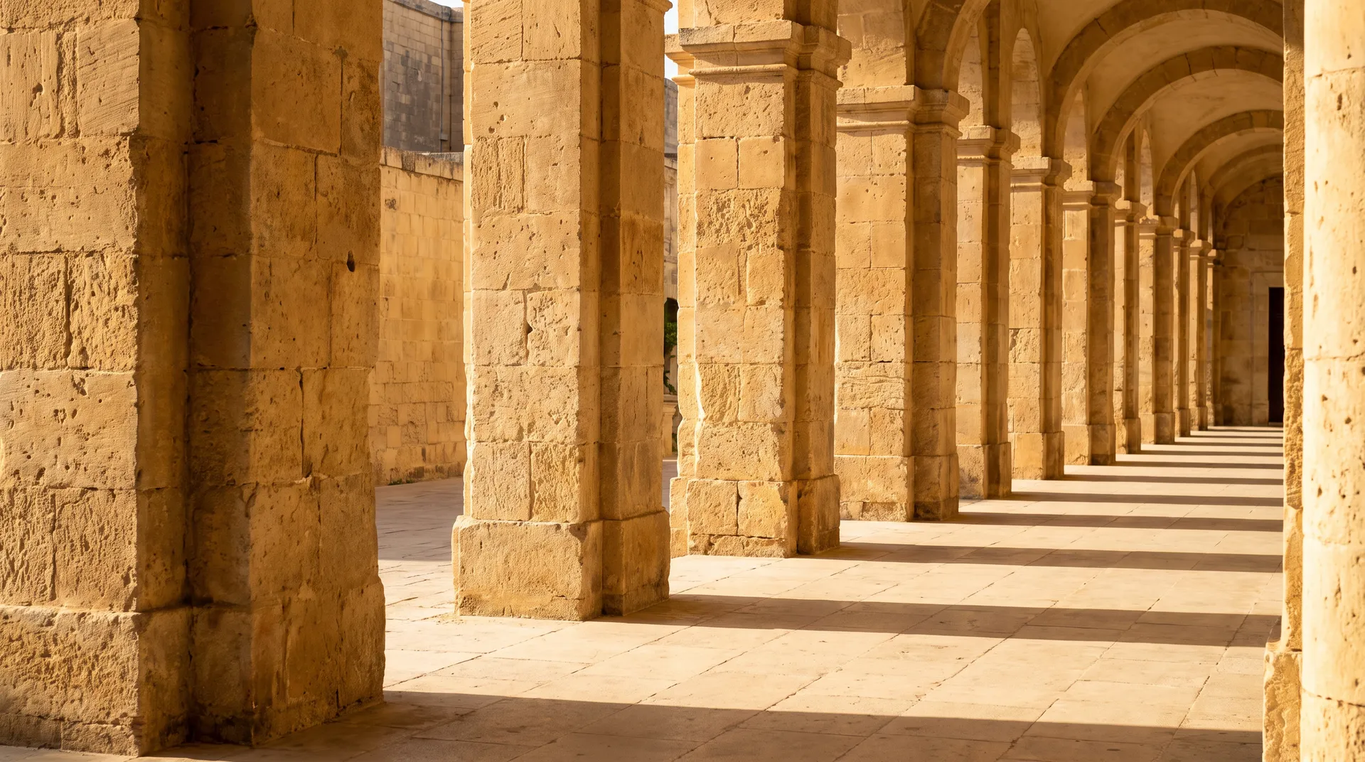 Sunlit limestone colonnade with long afternoon shadows