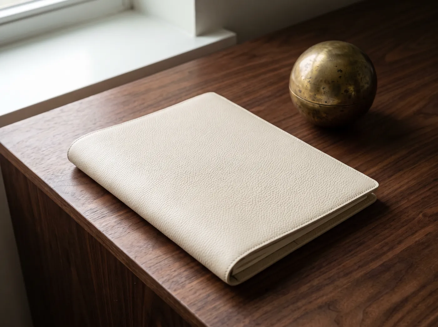 Cream leather folio and brass paperweight on a dark wood desk