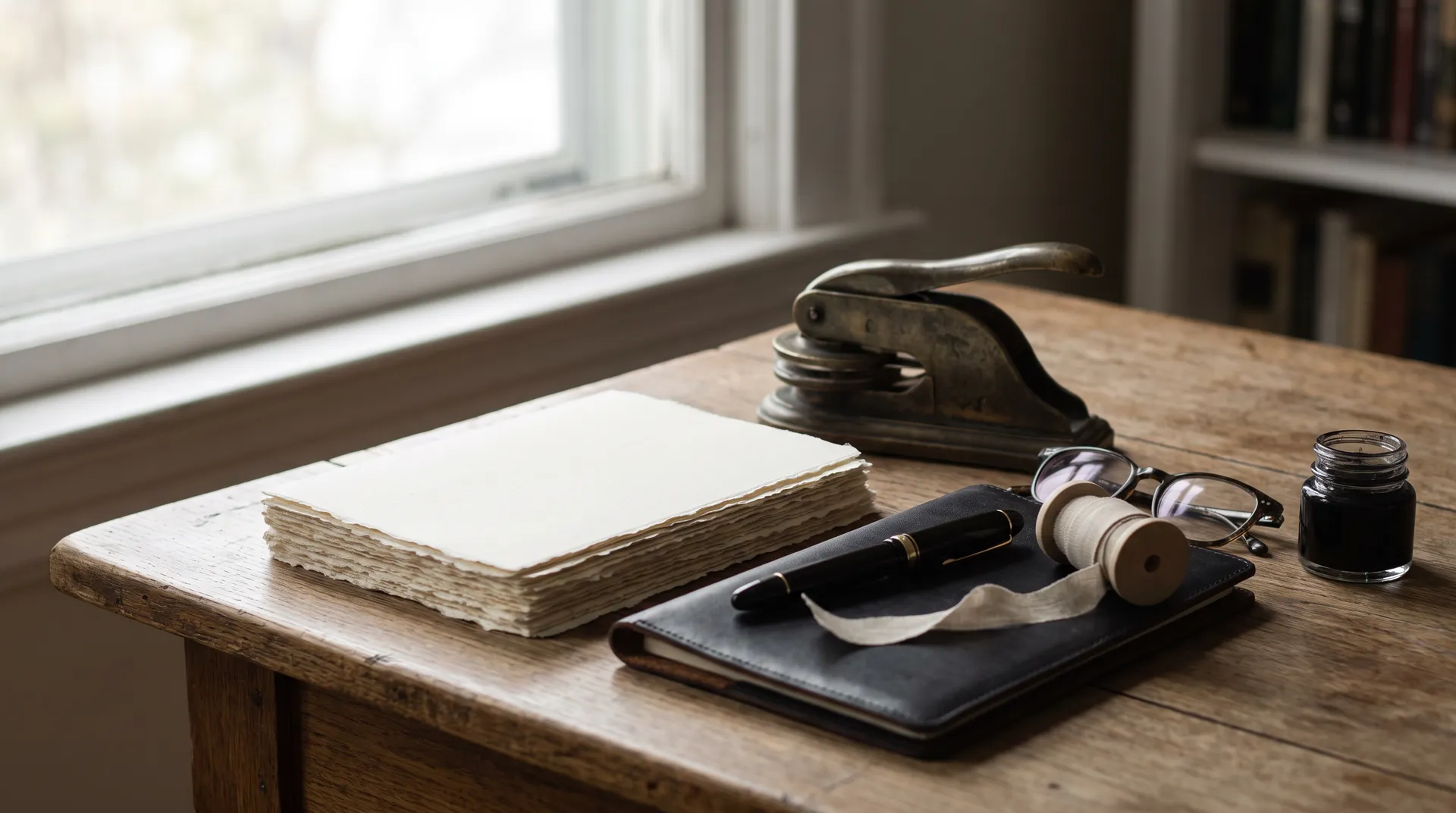 Brass notary press, fountain pen, and cream paper on a walnut desk